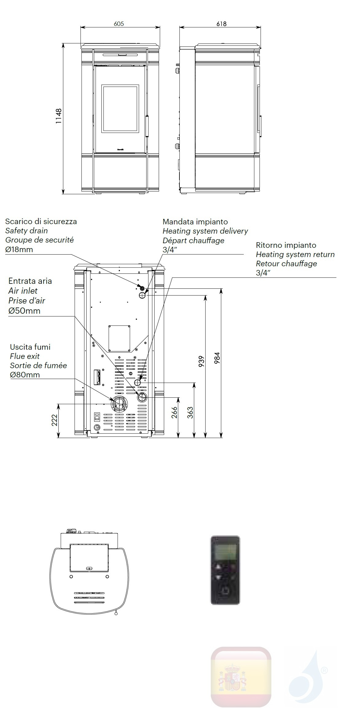 Estufa termo de pellets Ravelli 10.1 kW HRV 100 GLOBE cerámico Blanco