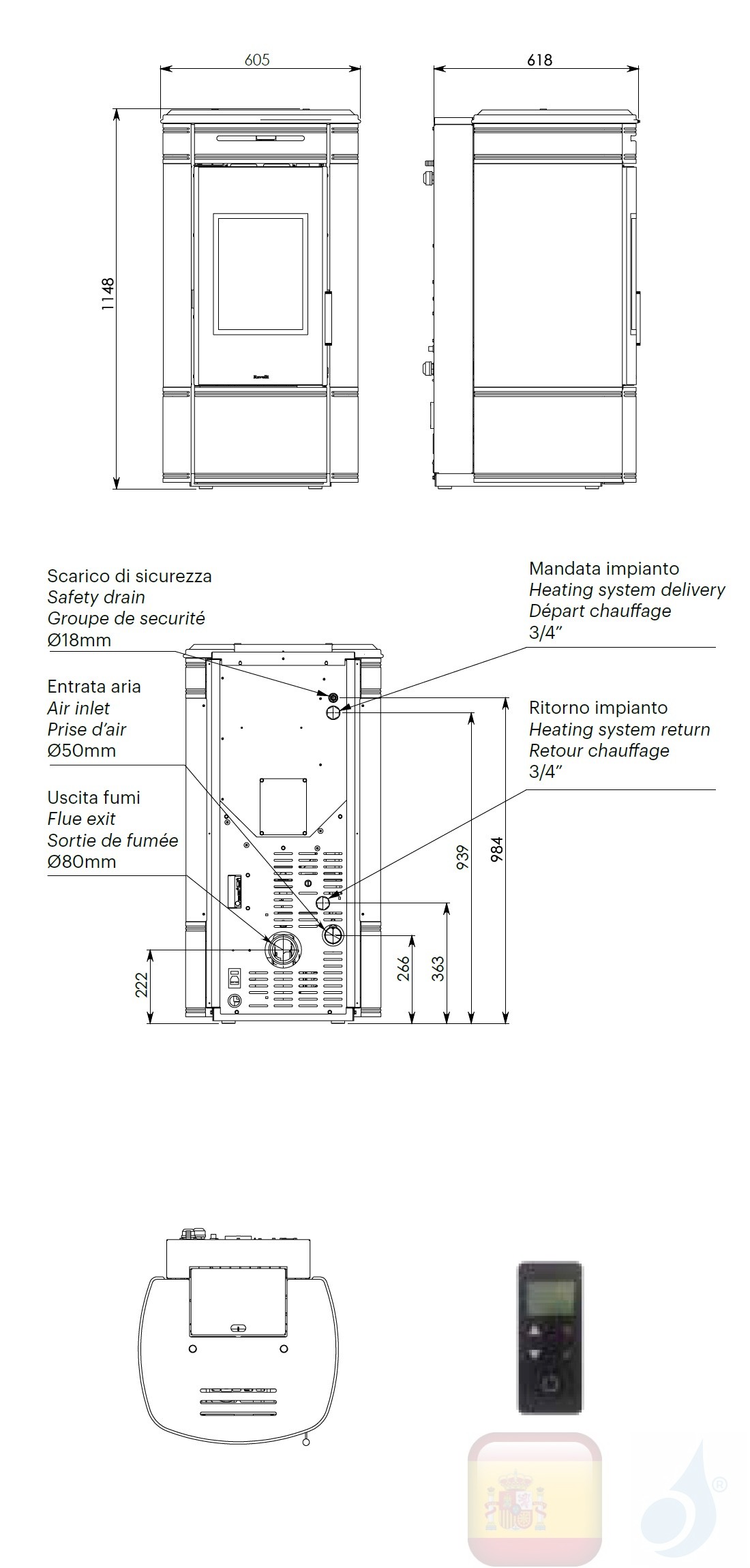 Estufa termo de pellets Ravelli 14.6 kW HRV 140 GLOBE cerámico Blanco