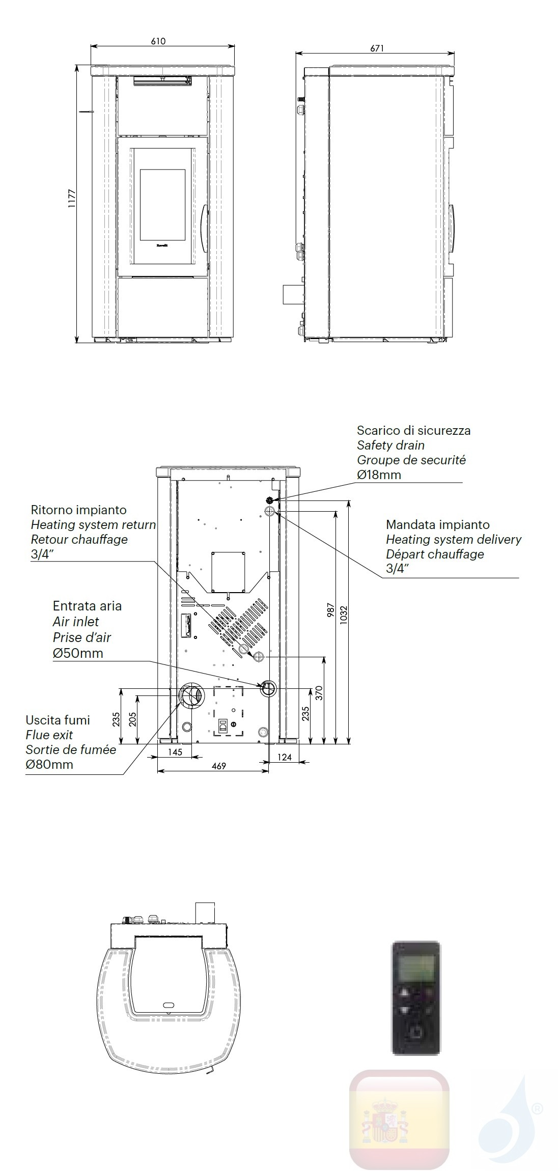 Estufa termo de pellets Ravelli 16.2 kW HRV 160 TOUCH STEEL Perla